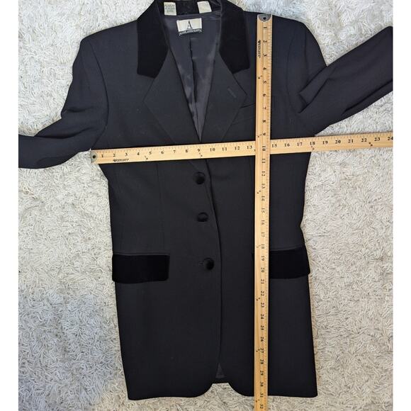 80s 90s Blazer A Line Anne Klein Velvet Trimmed Wool Blazer Black Size 2 - Picture 7 of 16